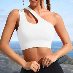 One Shoulder Cut Out Crop Sports Bra athleisure active white